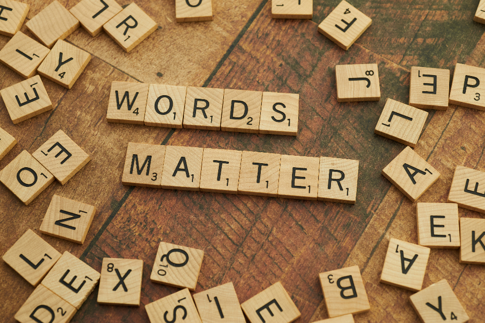 Words Matter image: Scrabble tiles on a hardwood table that spell out the words 'Words Matter'